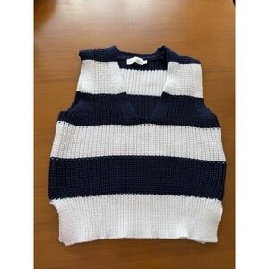Beige Botany Striped Sweater Vest Preppy‎ Coastal Chic Blue White Sleeveless Top